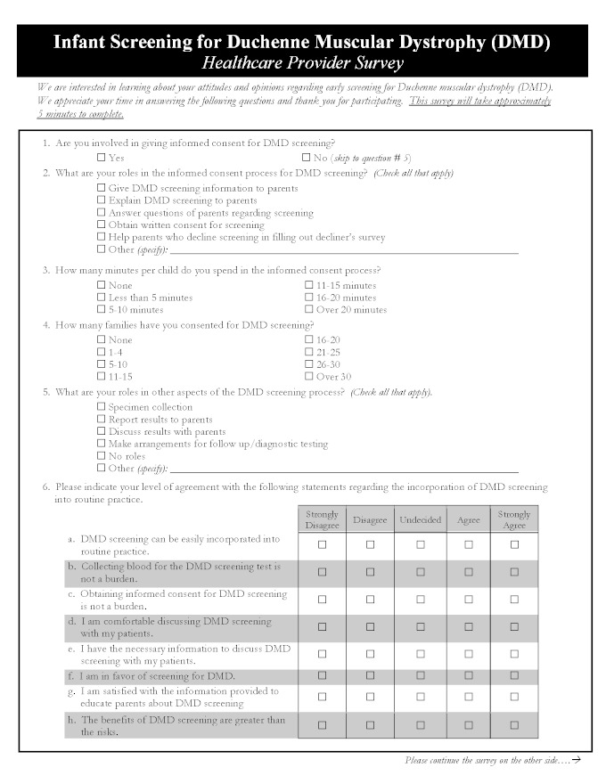 Infant Screening for Duchenne Muscular Dystrophy (DMD) - Healthcare Provider Survey, Page 1