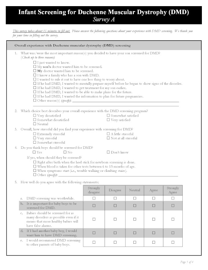 Infant Screening for Duchenne Muscular Dystrophy (DMD) - Survey A, Page 1