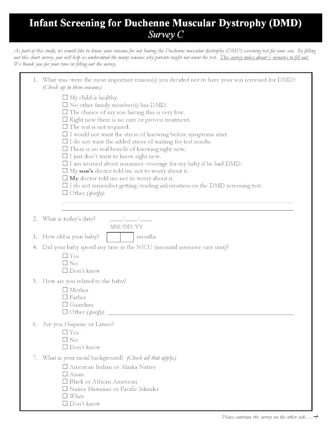 Infant Screening for Duchenne Muscular Dystrophy (DMD) -Survey C, Page 1