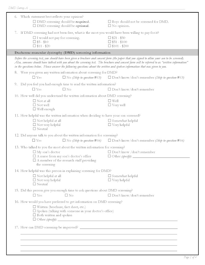 Infant Screening for Duchenne Muscular Dystrophy (DMD) - Survey A, Page 2