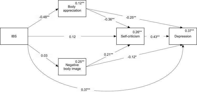 Path analysis diagram showing the results of the association between IBS and depression. The model depicts a direct link between IBS and depression, and two indirect paths with body appreciation and self-criticism as mediators of this link.