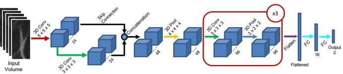 The proposed deep learning convolutional (Conv) architecture for the hierarchic block. Red arrows indicate a three-dimensional (3D) convolutional layer with a 5 × 5 × 5 kernel size. Green arrows indicate a 3D convolutional layer with a 3 × 3 × 3 kernel size. Black arrows indicate skip connections. Yellow arrows indicate a 3D maximum pooling layer with a 4 × 4 × 4 pool size. Dark blue arrows indicate a 3D maximum pooling layer with a 2 × 2 × 2 pool size. A flattened layer is indicated by a purple arrow, and fully connected (FC) layers are indicated by light blue arrows. The red block marked ×3 indicates that the block is repeated three times.