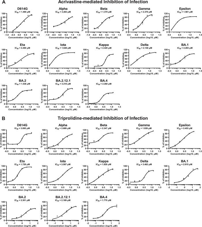 Dose-response curves depict the inhibition of various SARS-CoV-2 variants by acrivastine and triprolidine. Variants include D614G, Alpha, Beta, Gamma, Epsilon, Eta, Iota, Kappa, Delta, BA.1, BA.2, BA.2.12.1, and BA.4.