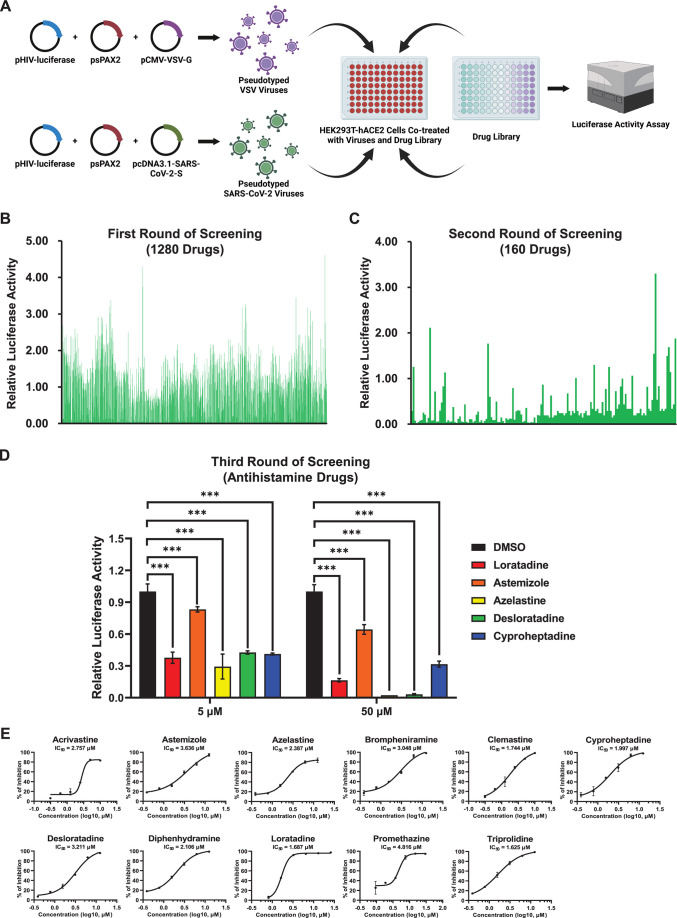 Schematic of a pseudotyped virus infection assay. Screening data from three rounds depict luciferase activity for various antihistamines. It also depicts eleven dose-response curves for antihistamines.