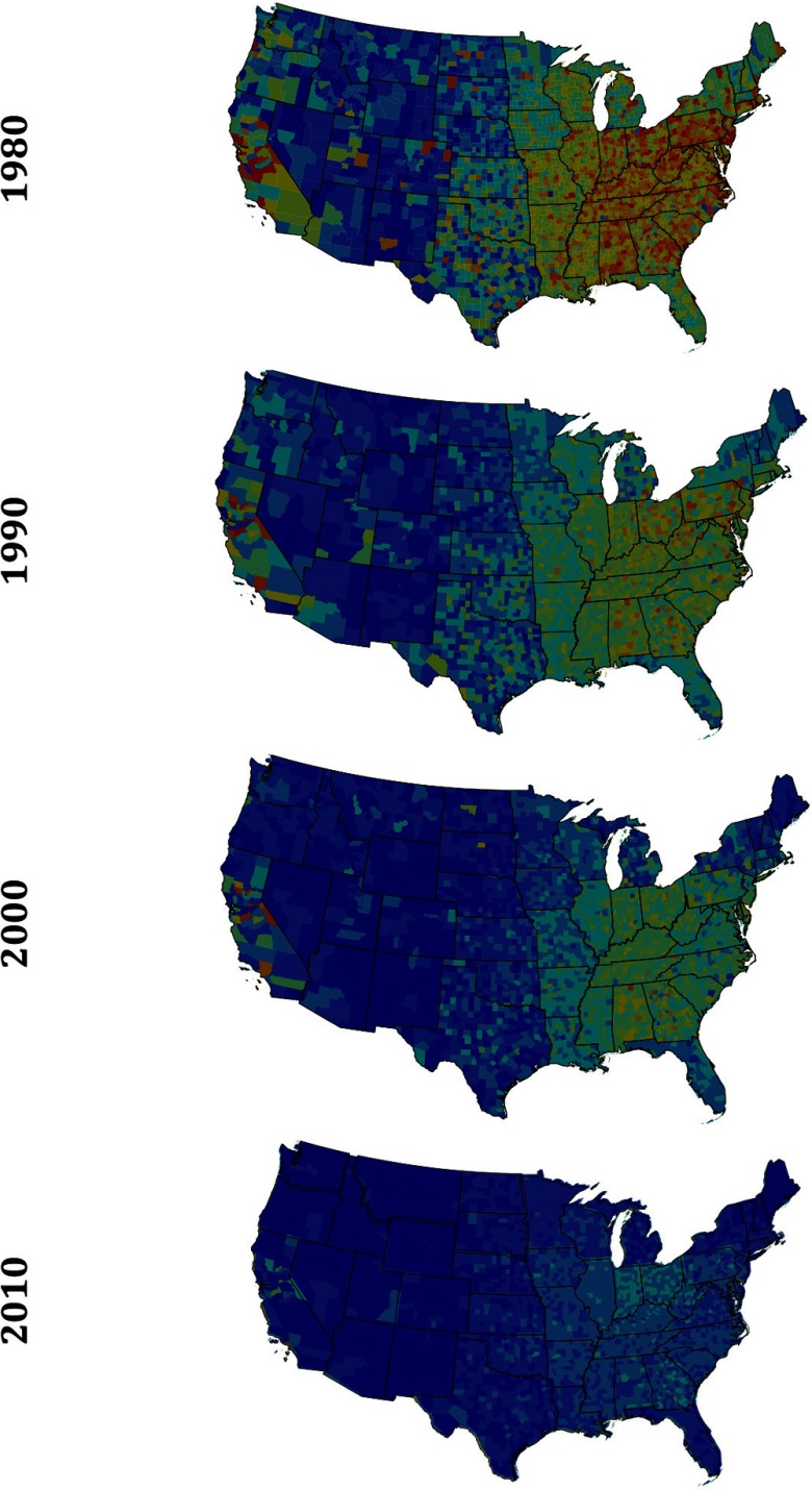 Four maps of USA for the year 1980, 1990, 2000, and 2010 marking counties predicted with PM sub 2.5 attributable deaths.