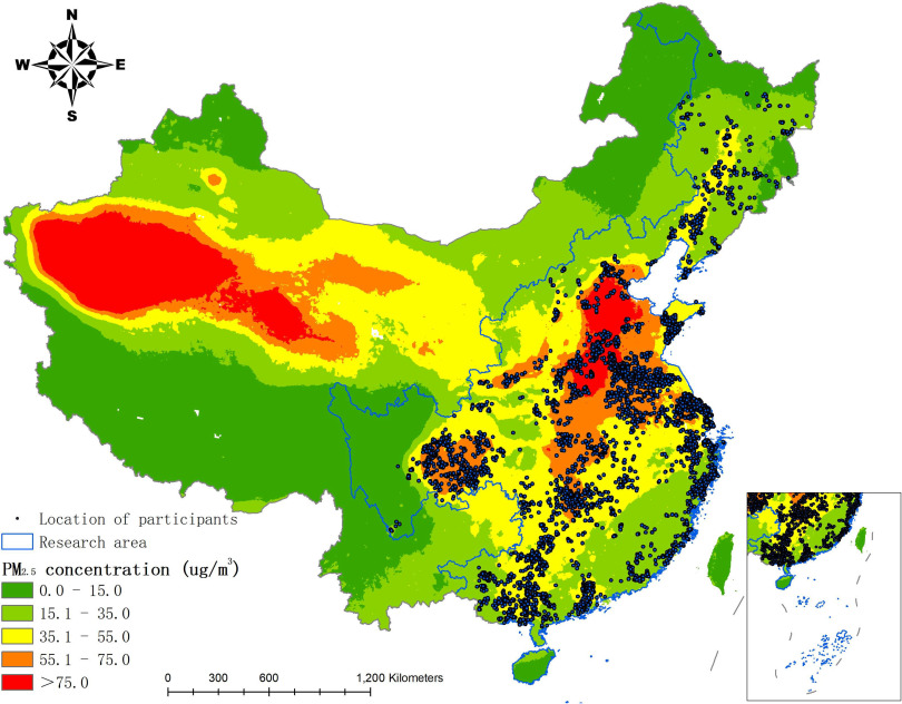 Figure 2 is a map of China, representing the location of participants, research area, and PM subscript 2.5 concentrations in microgram per cubic meter, which includes the following five parts: 0.0 to 15.0, 15.0 to 35.0, 35.1 to 55.0, 55.1 to 75.0, and greater than 75.0. A scale representing kilometers ranges from 0 to 600 in increments of 300 and 600 to 1200 in increments of 600.