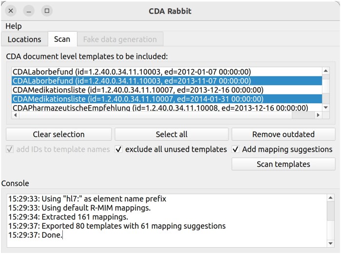 Figure 4 shows the graphical user interface of CDA Rabbit, with an area for selecting previously loaded CDA Templates. There are controls for selecting and deselecting templates, as well as status output indicating that some mapping suggestions and templates have been exported.
