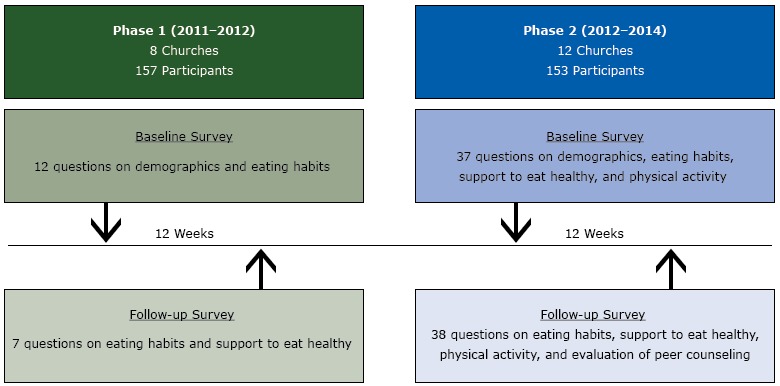 From 2011 through 2012, 157 members of 8 churches participated in phase 1 of the Body and Soul program. At baseline phase 1 participants were asked 12 questions on demographic characteristics and eating habits. Twelve weeks later, at follow-up, phase 1 participants were asked 7 questions on eating habits and support to eat healthfully. In phase 2, which took place from 2012 to 2014, 153 members of 12 churches participated. At baseline, phase 2 participants were asked 37 questions on demographic characteristics, eating habits, support to eat healthfully, and physical activity. At follow-up 12 weeks later, phase 2 participants were asked 38 questions about eating habits, support to eat healthfully, physical activity, and evaluation of peer counseling.