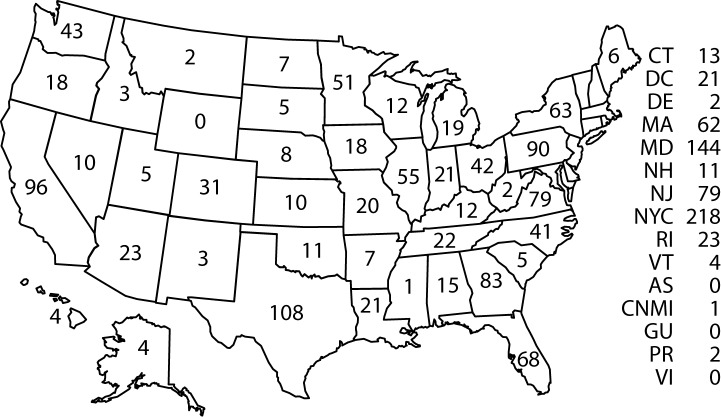 Map of the United States shows the number of malaria cases diagnosed in each state and territory in 2014.