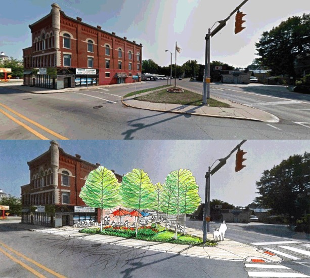 The top photograph depicts an area in the community that needed a physical improvement, and the bottom photograph depicts the design visualization sketch, which is the same image depicted in the top photograph overlaid with a sketch of the proposed improvement to the area. The improvements consist of green space (new trees, a grassy area, and flowers), a small cut-through road turned into a pedestrian zone, a seating area with umbrellas, and a connection to a regional multi-use trail.