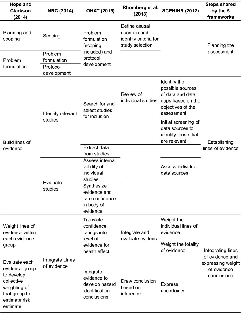 Description of the stages addressed in the five WOE frameworks