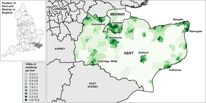 Figure 1: Geographical location and population density of Kent and Medway