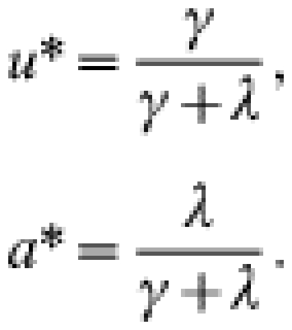 \eqalign{\tab u\ast \equals {\gamma \over {\gamma \plus \lambda }}\comma \cr \tab \vskip 10 a\ast \equals {\lambda \over {\gamma \plus \lambda }}.}