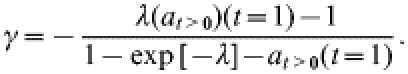 \gamma \equals \minus {{\lambda \lpar a_{t \gt \setnum{0}} \rpar \lpar t \equals 1\rpar \minus 1} \over { 1 \minus \exp \lsqb \minus \lambda \rsqb \minus a_{t \gt \setnum{0}} \lpar t \equals 1\rpar }}.