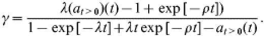 \gamma \equals {{\lambda \lpar a_{t \gt \setnum{0}} \rpar \lpar t\rpar \minus 1 \plus \exp \lsqb \minus \rho t\rsqb \rpar } \over { 1\minus \exp \lsqb \minus \lambda t\rsqb \plus \lambda t\exp \lsqb \minus \rho t\rsqb \minus a_{t \gt \setnum{0}} \lpar t\rpar }} .