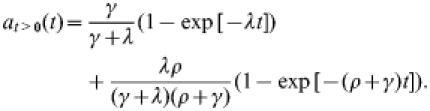 \eqalign{a_{t \gt \setnum{0}} \lpar t\rpar \equals \tab {\gamma \over {\gamma \plus \lambda }}\lpar 1 \minus \exp \lsqb \minus \lambda t\rsqb \rpar \cr \tab \plus {{\lambda \rho } \over {\lpar \gamma \plus \lambda \rpar \lpar \rho \plus \gamma \rpar }} \lpar 1 \minus \exp \lsqb \minus \lpar \rho \plus \gamma \rpar t\rsqb \rpar .}