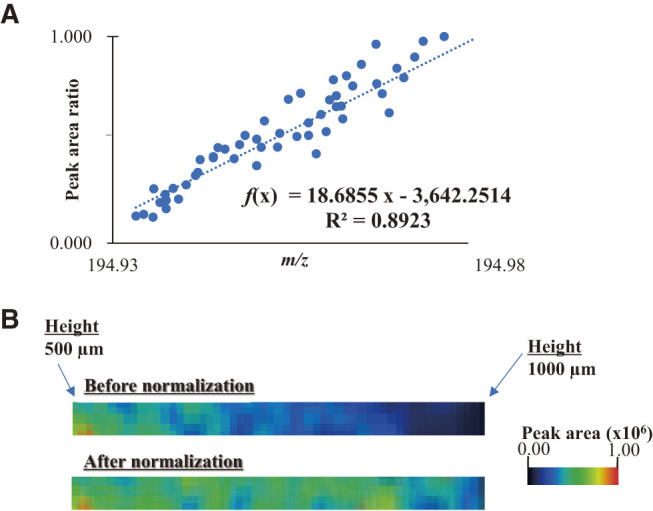 Fig. 3. The correlation plots of Pt ion (A) between the exact m/z values and the peak area ratio and (B) the SALDI image before normalization and after normalization. SALDI, surface-assisted laser desorption/ionization.