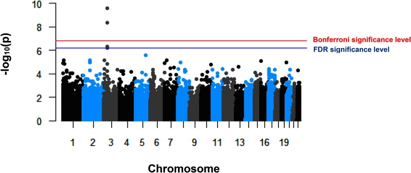 Manhattan plot plotting negative log 10 p (y-axis) across chromosome (x-axis) for the Bonferroni significance level and FDR significance level.