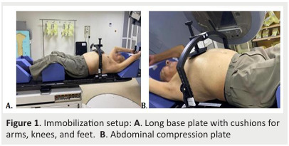 
Figure 1. Immobilization setup: A. Long base plate with cushions for
arms, knees, and feet. B. Abdominal compression plate
