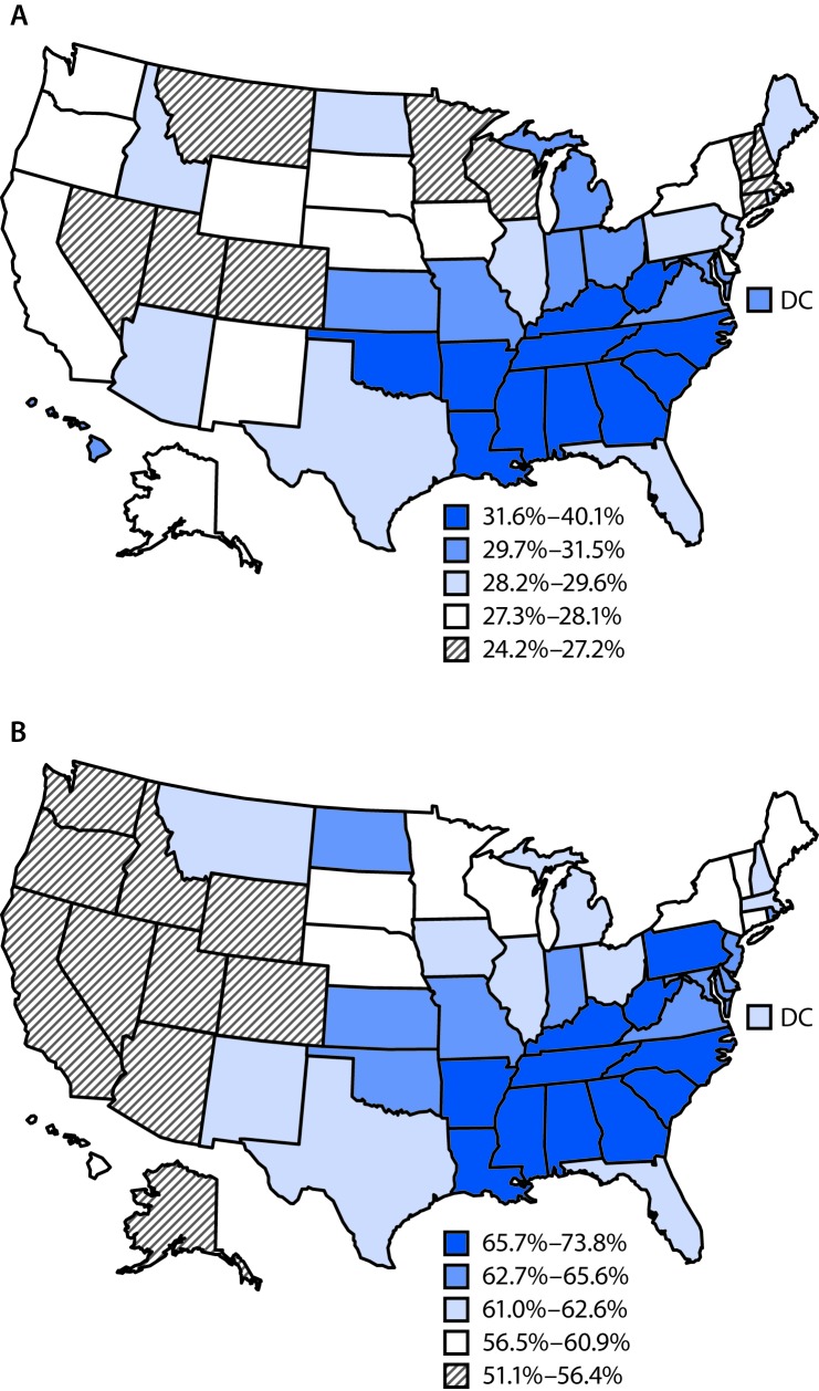 The figure above consists of two U.S. maps showing the age-standardized prevalence of self-reported hypertension among adults and the use of antihypertensive medication among adults with self-reported hypertension, by state and the District of Columbia, using 2015 data from the Behavioral Risk Factor Surveillance System