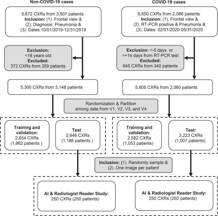 Study flowchart for data curation and data partition. Vendors 1–4 (V1–V4) are four major vendors of the acquired chest radiographs (CXRs) in the data set. AI = artificial intelligence, COVID-19 = coronavirus disease 2019, RT-PCR = reverse transcription polymerase chain reaction.