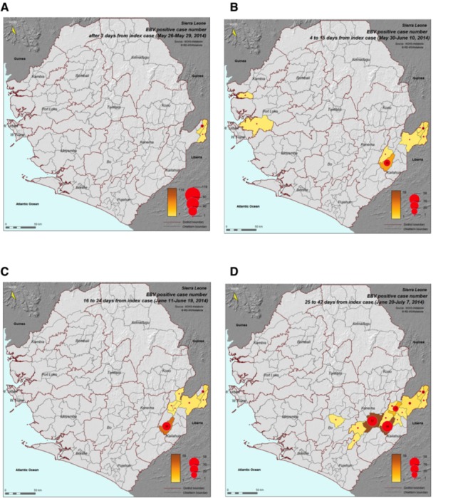 Figure S4. The spread of Ebola Virus Disease (EVD) during the first phase of its extension in Sierra Leone.