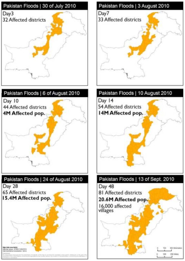 Maps showing the temporal progression of floodwaters from 30th July to 13th September 2010.28