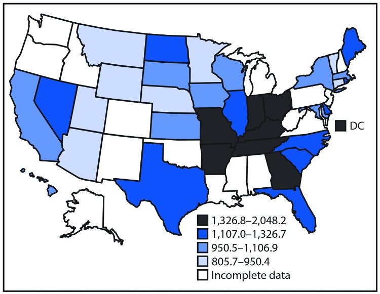 The figure above is a map showing the age-standardized overall Million Hearts–preventable event rates among adults aged ≥18 years by U.S. state in 2016.