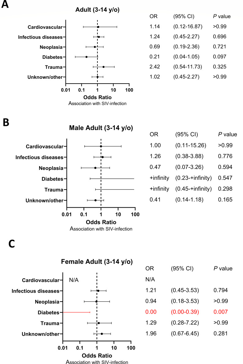 Forest plots depict OR for conditions linked to SIV infection, adults 3-14 y/o, male adults, and female adults. Notably, diabetes in females depicts a strong association with OR 0.00.