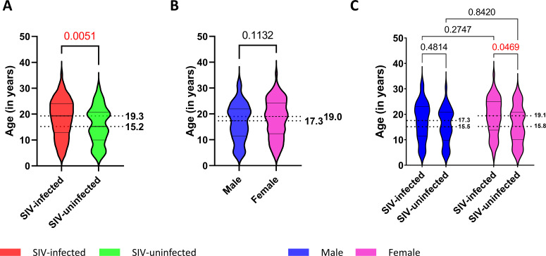 Violin plots compare ages between SIV-infected and uninfected groups, males and females, and a combination of SIV status and gender. Significant differences are marked by p-values, with the most notable in plot A.