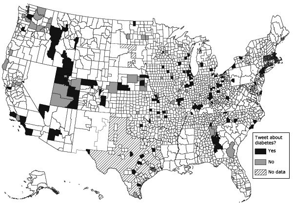 The map shows the geographic location of local health departments with Twitter accounts and differentiates those that were tweeting about diabetes from those that were not.