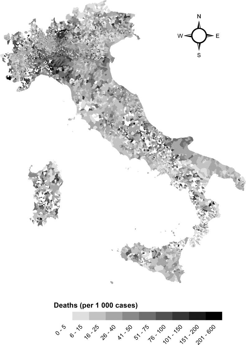 Figure 2 is a map of Italy depicting COVID-19 case-fatality rates by municipality from February 20, 2020, to May 31, 2020, and September 15, 2020, to June 15, 2021. A scale depicts deaths (per 1000 cases) ranges as 0 to 5, 6 to 15, 16 to 25, 26 to 40, 41 to 50, 51 to 75, 76 to 100, 101 to 150, 151 to 200, and 201 to 600.