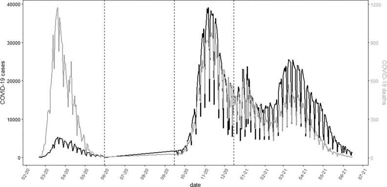 Figure 1 is a line graph, plotting COVID-19 cases, ranging from 0 to 40000 in increments of 10000 (left y-axis) and COVID-19 deaths, ranging from 0 to 1200 in increments of 300 (right y-axis) across date, ranging from Februray 2020 to July 2021 (x-axis).