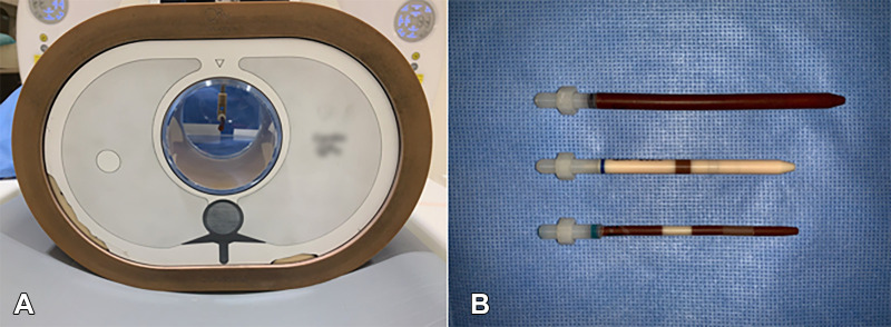 Coronary phantom. (A) Front view of the thorax phantom containing a probe. The thorax phantom was used to house probes and simulate realistic attenuation. (B) Three probes (top, 5-mm probe with variable plaque component; middle, 3-mm probe containing calcium; bottom, 3-mm probe containing two different stenosis models) represent variability across the data set.