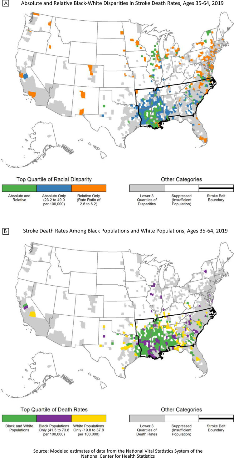 Map A shows that the highest absolute and relative Black–White disparities in stroke mortality among US adults aged 35–64 years have markedly different geographic patterns. Counties in the top quartile (top 25%) of absolute racial disparities are located primarily within the Stroke Belt, where stroke death rates are highest for both Black populations and White populations (Map B). Counties in the top quartile of relative racial disparities are often located outside the Stroke Belt. Efforts to eliminate Black–White disparities in stroke mortality would benefit from taking both absolute and relative measures of disparity into consideration.