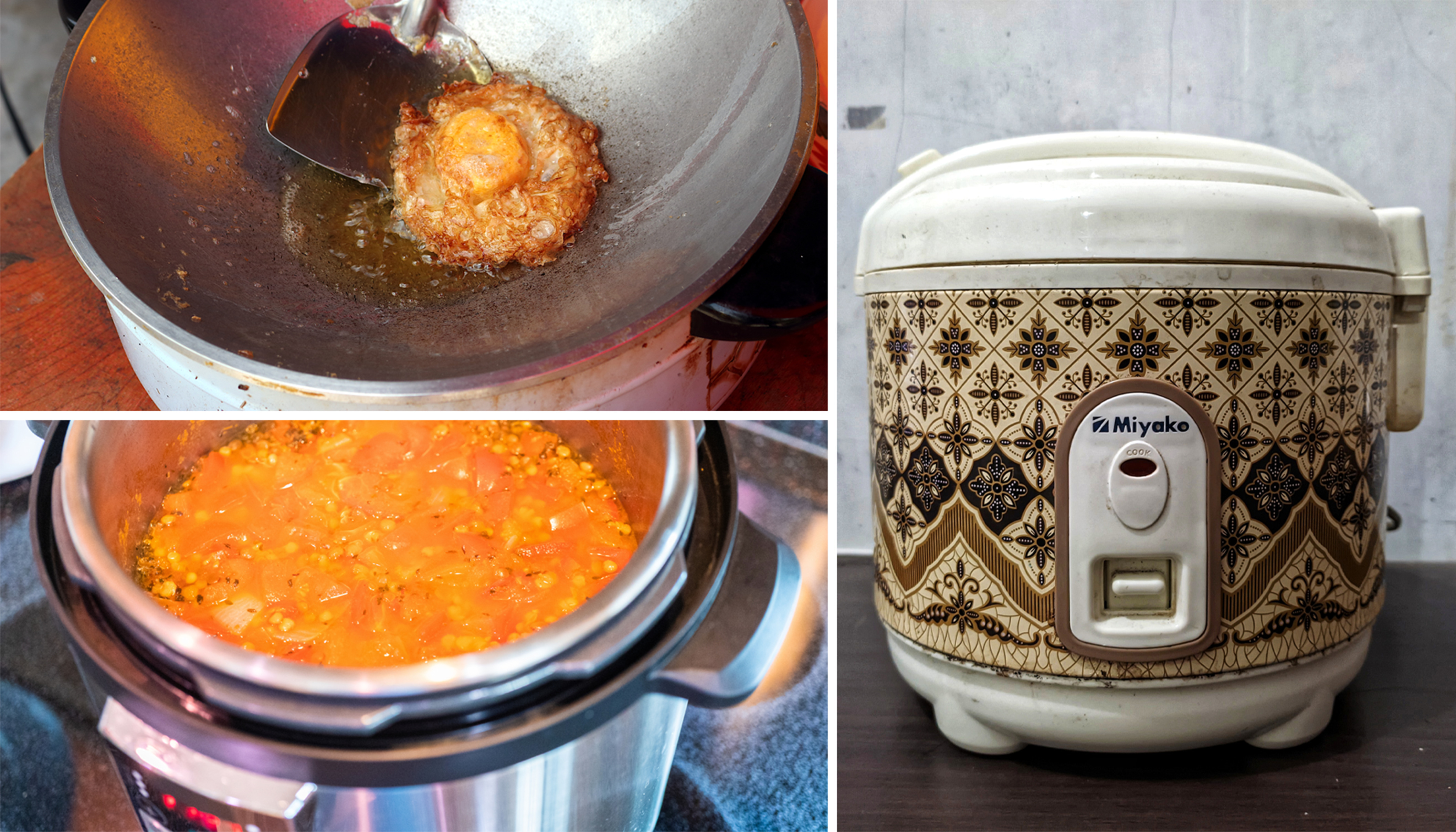 Three-photo montage showing fried egg in electric fryer, electric rice cooker, and electric pressure cooker holding soup.