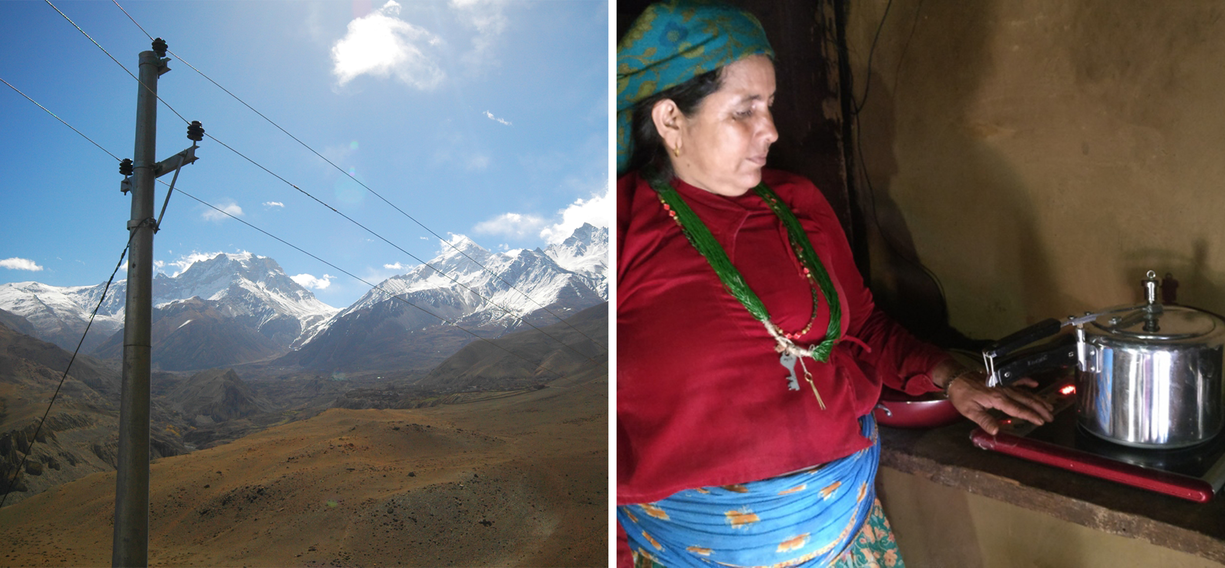 Montage of electric power pole and wires backed by Himalaya range and woman in Nepalese dress by a pot on an electric burner.