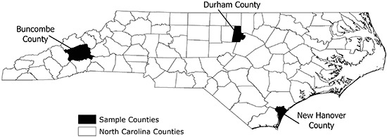 Three counties were included in this study: Buncombe County in Appalachia in the western part of the state, Durham County in the central part of the state, and New Hanover County on the Atlantic coast.