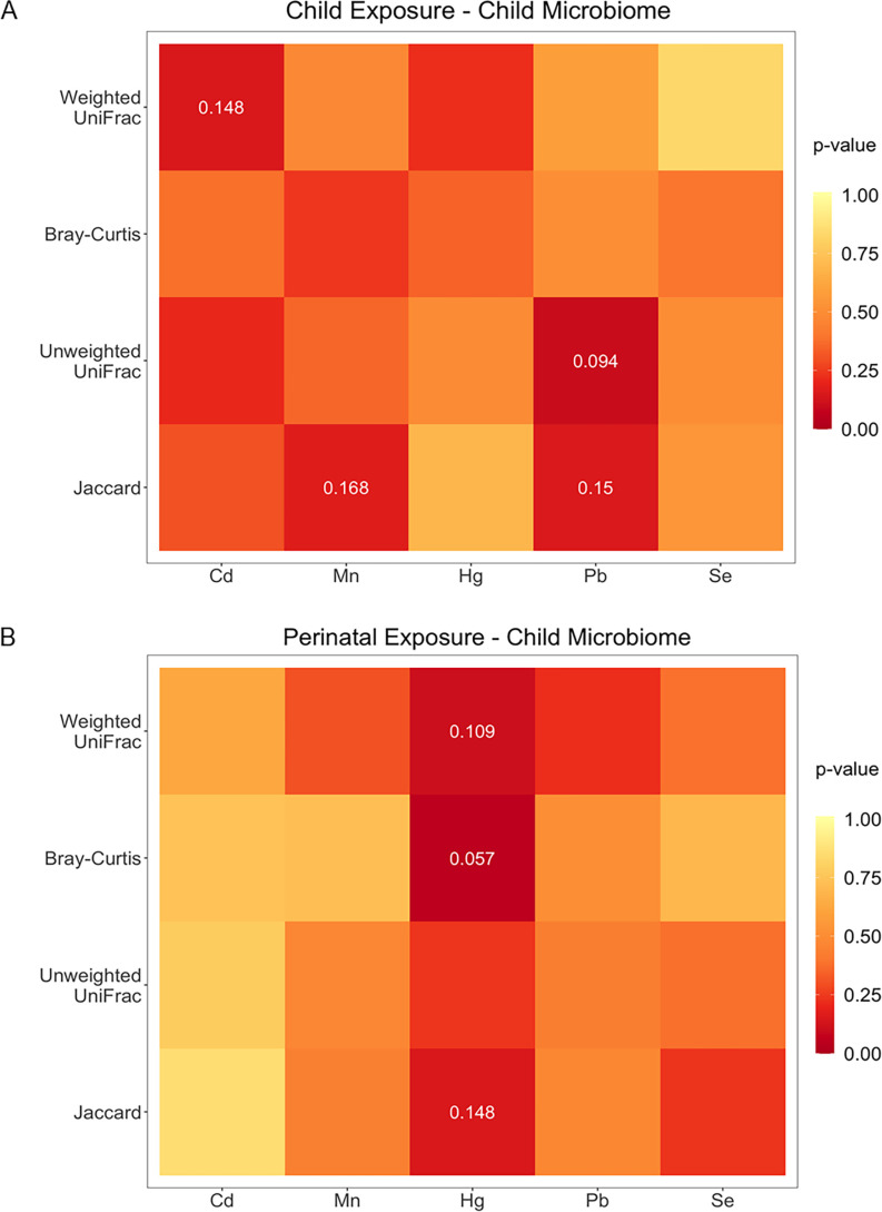 Figures 3A and 3B are heatmaps titled Child exposure–child microbiome and Perinatal exposure–child microbiome, plotting cadmium, manganese, mercury, lead, and selenium (columns) across Weighted UniFrac, Bray-Curtis, unweighted UniFrac, and Jaccard (rows). A scale depicting lowercase p value is ranging from 0.00 to 1.00 in increments of 0.25, respectively.