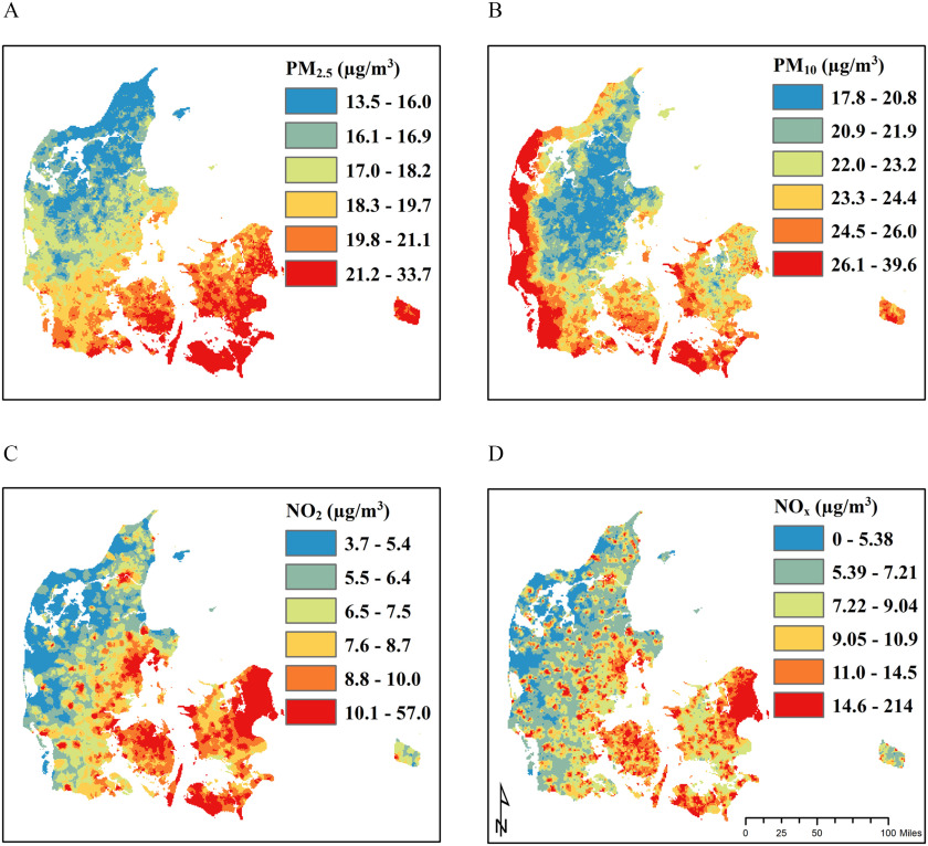 Figure 1A, 1B, 1C, and 1D are maps with areas representing minimum to maximum concentrations of PM subscript 2.5, PM subscript 10, N O subscript 2, and N O subscript x, respectively. PM subscript 2.5 concentrations are as follows: 13.5 to 16, 16.1 to 16.9, 17.0 to 18.2, 18.3 to 19.7, 19.8 to 21.1, and 21.2 to 33.7 micrograms per cubic meter. PM subscript 10 concentrations are as follows: 17.8 to 20.8, 20.9 to 21.9, 22.0 to 23.2, 23.3 to 24.4, 24.5 to 26.0, and 26.1 to 39.6 micrograms per cubic meter. N O subscript 2 concentrations are as follows: 3.7 to 5.4, 5.5 to 6.4, 6.5 to 7.5, 7.6 to 8.7, 8.8 to 10.0, and 10.1 to 57.0. N O subscript x concentrations are as follows: 0 to 5.38, 5.39 to 7.21, 7.22 to 9.04, 9.05 to 10.9, 11.0 to 14.5, and 14.6 to 214 micrograms per cubic meter.