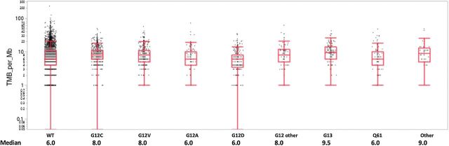 Figure 4. TMB distribution among KRAS mutations. TMB distribution values with beeswarm plot displaying all patient data points. Median TMB displayed for KRAS WT and each KRAS mutation subtype.