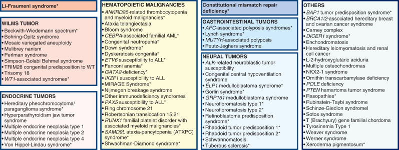 Figure 4. Overview on CPSs. For the purpose of this review, syndromes were grouped into eight categories: (1) Li-Fraumeni syndrome; (2) syndromes predisposing to Wilms tumor; (3) syndromes predisposing to endocrine tumors; (4) syndromes predisposing to hematopoietic malignancies; (5) constitutional mismatch repair deficiency; (6) other syndromes predisposing to gastrointestinal tumors; (7) syndromes predisposing to neural tumors; and (8) other cancer-prone syndromes. Cancer predisposition syndromes listed in the WHO Classification of Pediatric Tumors and displayed in Suppementary Table S5 are marked with an asterisk.