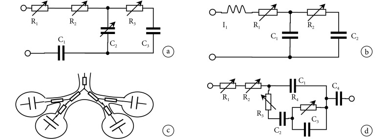 a. the model proposed by Avanzolini, <italic>et al</italic>; b. the model proposed by Polak; c the model proposed by Cai Yongming, <italic>et al</italic>; d. the model proposed by Liu Tianya, <italic>et al</italic> a. Avanzolini 等提出的 RC 肺通气模型；b. Polak 建立的 RIC 肺通气模型；c. 蔡永铭等建立的四腔式肺模型；d. 刘天亚等建立的肺通气模型