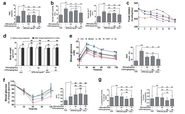 
Fig.3. FBG, AST, and ALT activity, food intake, and body weight in HFD-fed ApoE
−/−
mice
