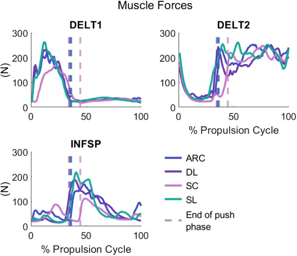 Muscle forces during the propulsion cycle for the anterior deltoid (DELT1), middle deltoid (DELT2) and infraspinatus (INFSP) for the arcing (ARC), double-loop (DL), semicircular (SC), and single-loop (SL) baseline simulations
