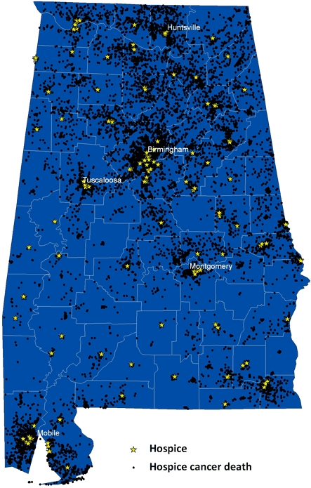 Map of Alabama showing the locations of hospices and hospice cancer deaths, most of which are clustered around the population centers of Huntsville, Birmingham, Tuscaloosa, Montgomery, and Mobile.