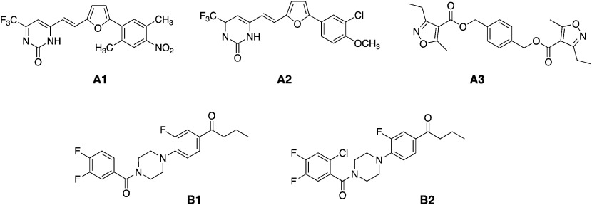 Fig. 2. Chemical structures of BL antagonists found through in silico screening against the rice plant (A1–A3) and Arabidopsis (B1 and B2).