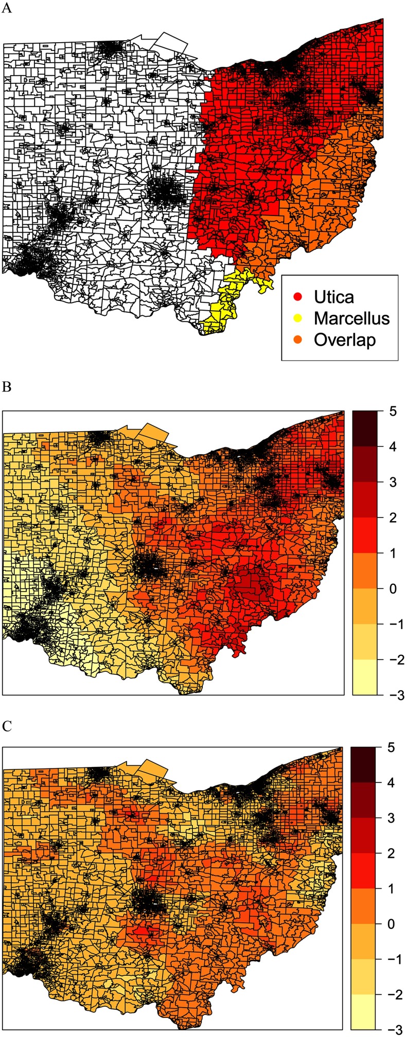 Figure 2A is a map marking the Utica Shale, Marcellus Shale, and the areas that overlap. Figure 2B is a map of the posterior mean spatial random effects from SGLMM overlaying the Utica and Marcellus Shale locations. Figure 2C is a map of the posterior mean spatial random effects from Sparse SGLMM overlaying the Utica and Marcellus Shale locations.