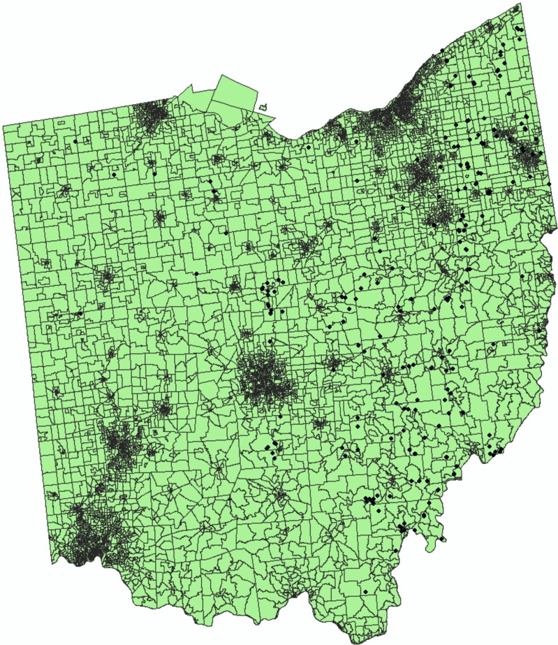 Map of Ohio marking locations of Class 2 injection wells.