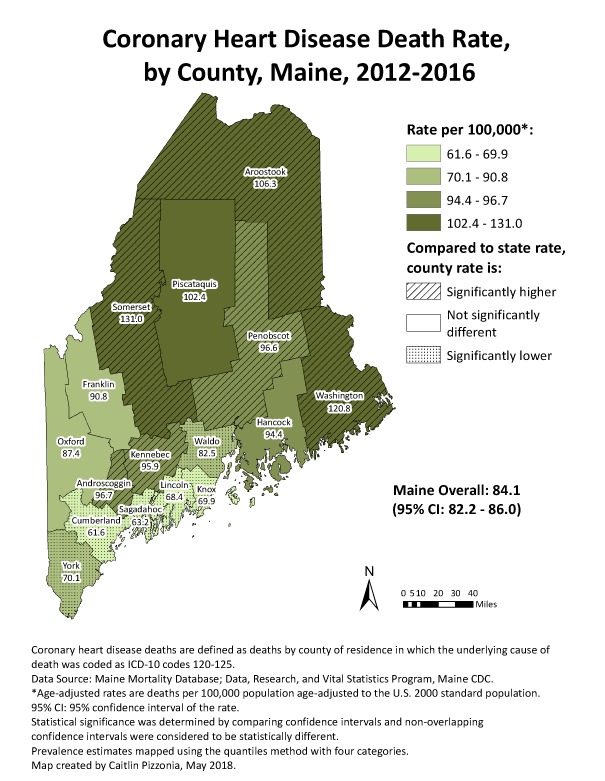 This map shows coronary heart disease death rates by county for Maine in 2012-2016. The highest rates are in counties in the North and the lowest rates are in counties along the South coast.